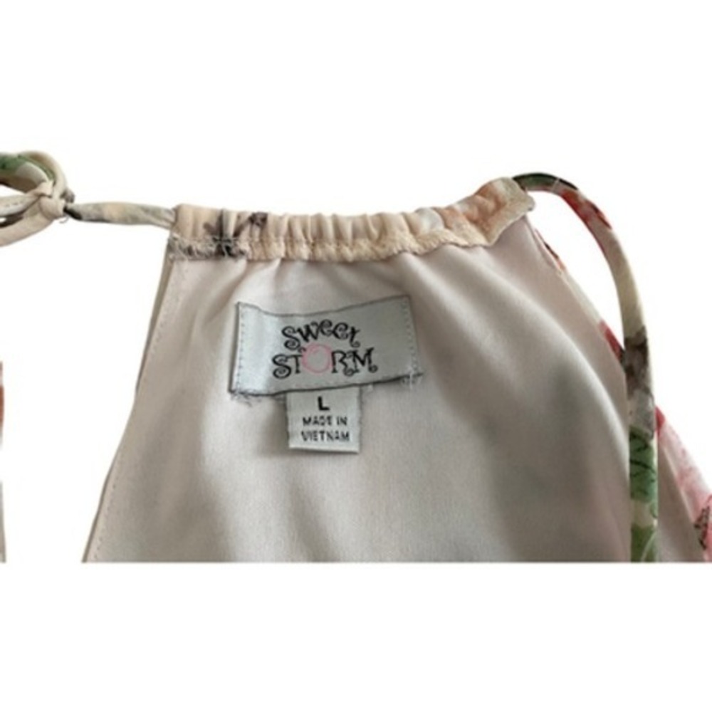 Sweet Storm Floral Halter Dress Cream Pink Smocked Waist Large Wedding Guest - Picture 8 of 12